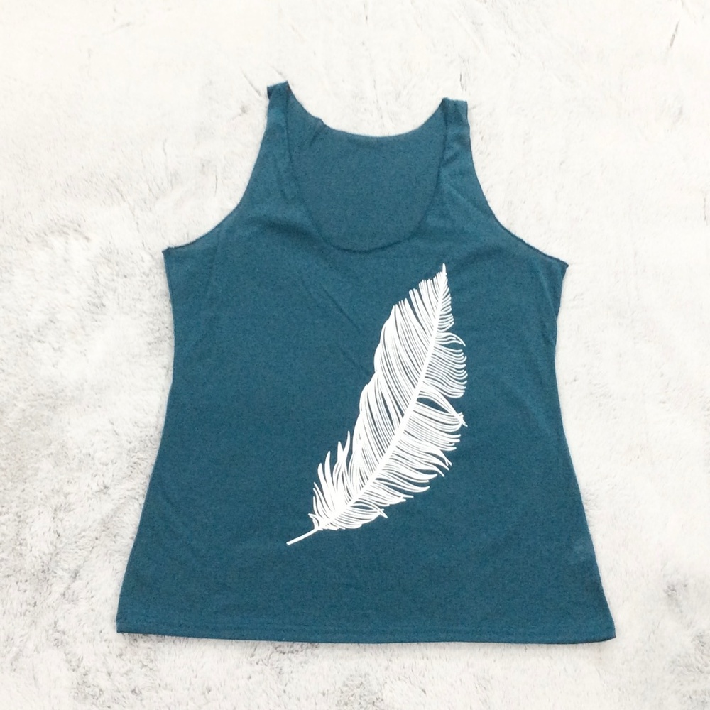 Teal Tank Top with Feather Graphic